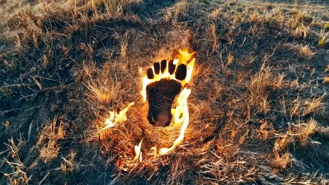 Dried grass set fire and burned become human footprint, carbon footprint and net zero concept.