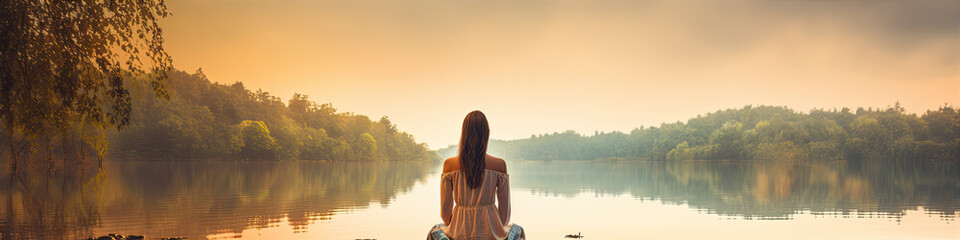 Obraz premium Young woman from rear side meditating by the lake in summer sunnset. Practicing mindfulness and meditation in a peaceful nature.