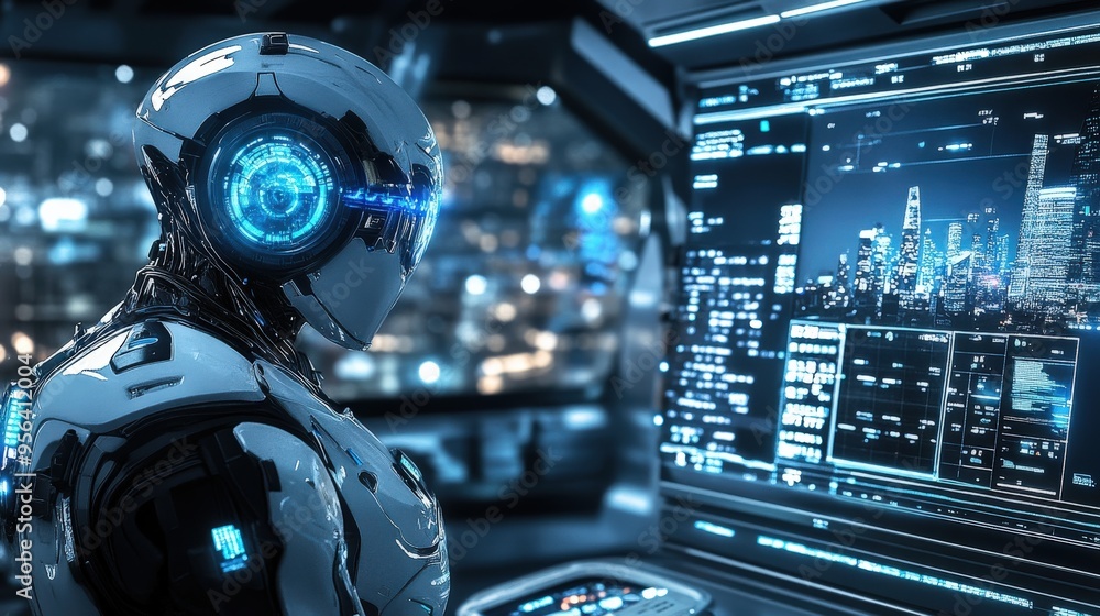 Poster in a sleek control room illuminated by screens, a futuristic robot engages with complex data display