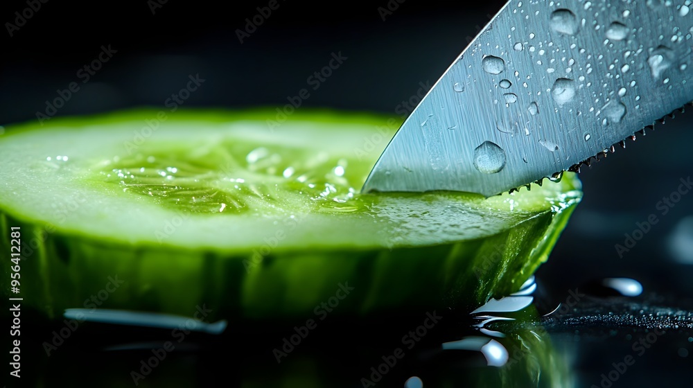 Poster macro photography image showcasing the crisp texture and moist surface of a cucumber being sliced by