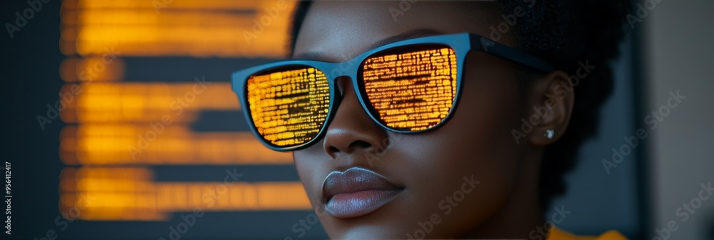 Poster close-up of woman wearing sunglasses reflecting programming code in data center setting