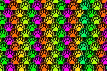 Pet, paw, animal, cat, background, seamless pattern with colorful paw animals, seamless pattern with colorful paws of cats, neon, lamp, foot, light, illustration of glow paws animals, pattern