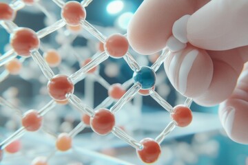 Human hand, carefully holding a single molecule and adding it to a complex chain of interconnected molecules. 