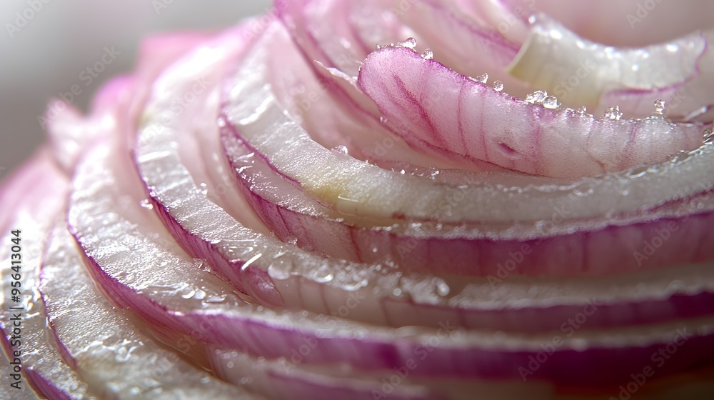 Poster macro photography showcasing the intricate layers and concentric rings of a sliced onion capturing t