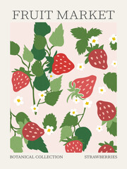 Fruit market poster - strawberries modern print in aesthetic contemporary style. Groovy fruits vector illustration.