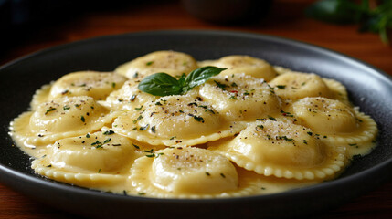Ravioli: Homemade ravioli stuffed with cheese, meat, or vegetables, served with a delicate sauce and garnished with herbs.