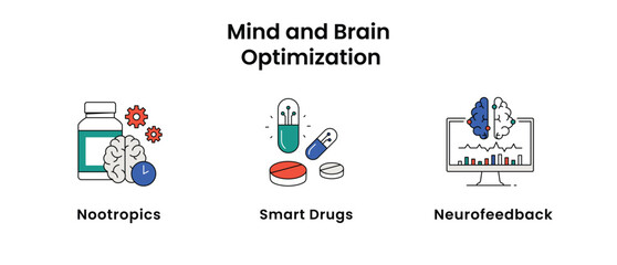 Cognitive Enhancement and Brain Health Illustration. Including Nootropics, Neurofeedback, Sleep Optimization, Smart Drugs, Red Light Therapy icons.