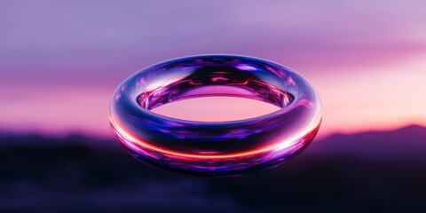 Holographic medal with glowing edges floating in midair futuristic award design neon lights blue and purple palette hightech victory symbol scifi inspired digital achievement