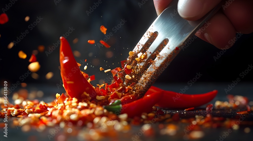 Poster macro photography of a finely chopped chili pepper capturing the intense color texture and the visib