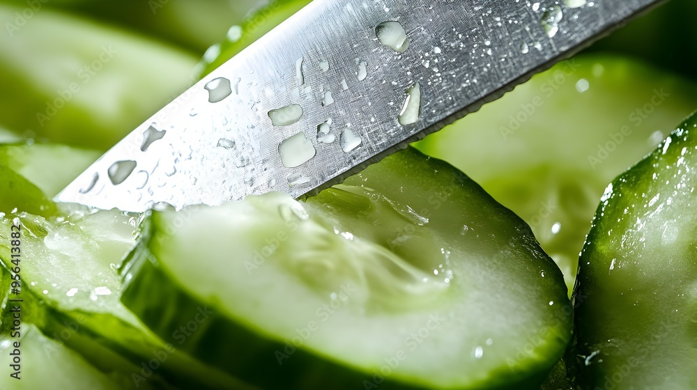 Poster macro photography showcasing the sharp edge of a knife cleanly slicing through a fresh crisp cucumbe