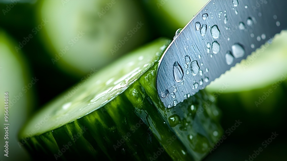 Poster macro photography of a sharp kitchen knife precisely slicing through a fresh crisp cucumber capturin
