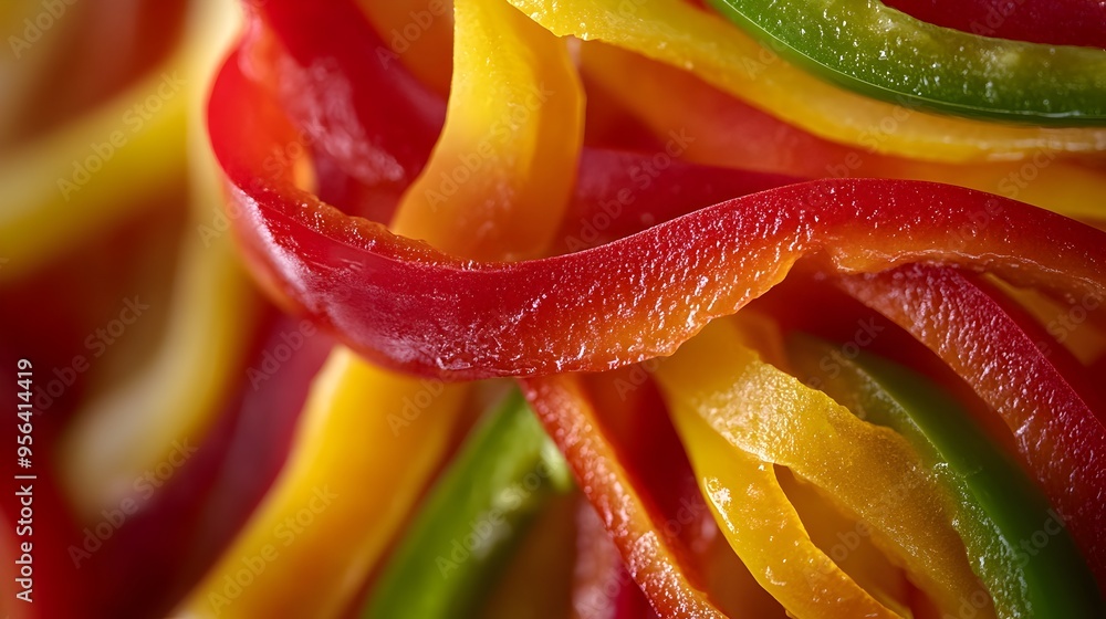 Poster macro photography capturing the intricate details and vibrant colors of bell peppers being sliced in