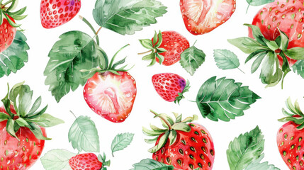 Watercolor pattern of strawberry, and leaves for vibrant and summery design