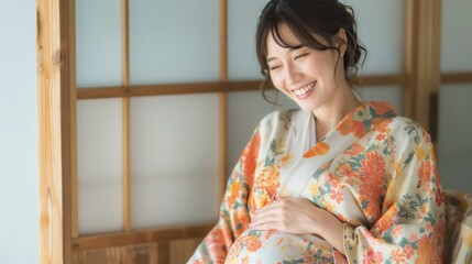 Radiant Japanese Expectant Mother Smiling and Caressing Baby Bump on Chair in Dreamy Photo Style