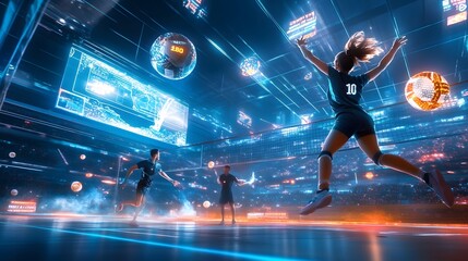 Futuristic Volleyball Game with Neon Lights.