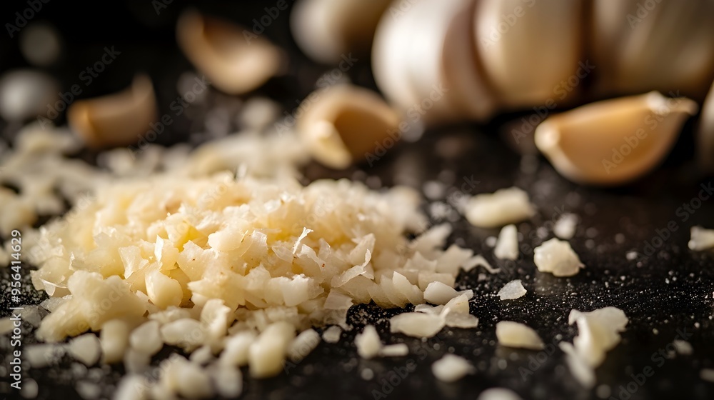 Poster macro photography of freshly minced garlic cloves capturing the intricate details and textures of th