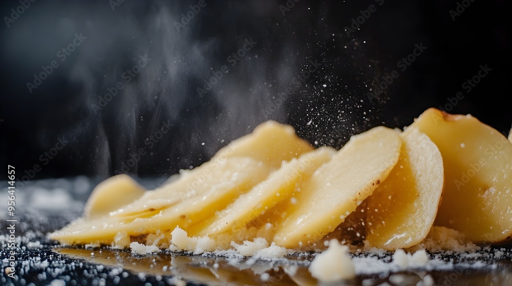 Poster macro photography of a potato being peeled and sliced highlighting the smooth surface and clean cuts