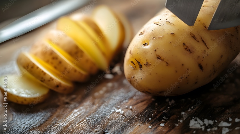 Poster macro photography of a potato being peeled and sliced highlighting the smooth surface and clean cuts