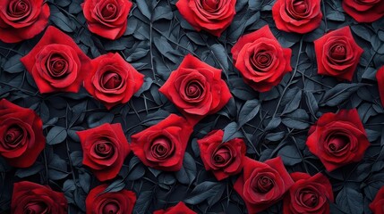 Close-up of vibrant red roses arranged on dark foliage, creating a dramatic contrast and elegant visual.