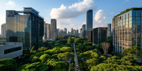 Fototapeta premium A dynamic cityscape showcasing tall skyscrapers, modern architecture, and lush green spaces in an urban setting. This blend of nature and city life represents sustainable living and urban planning.