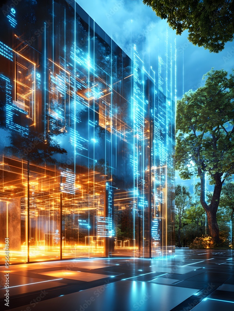 Poster futuristic building with digital data streams.