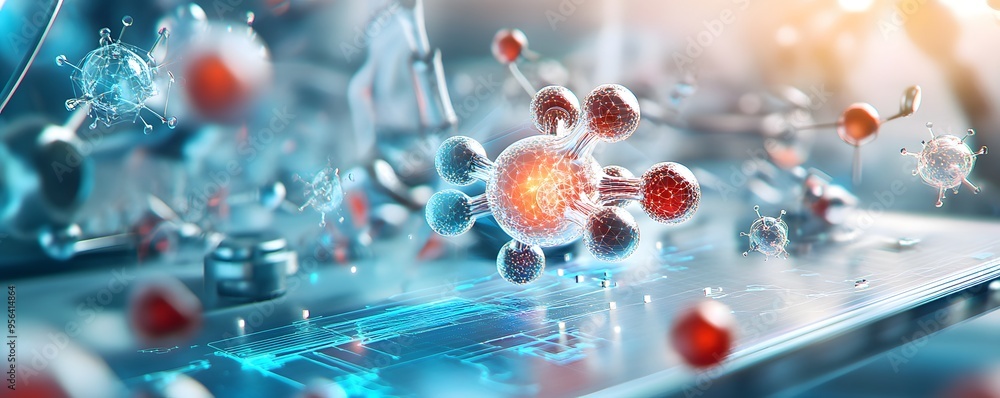 Poster abstract molecular structure on futuristic surface.