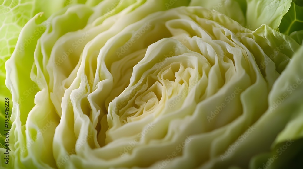 Poster macro photography showcasing the intricate layers and fine cuts of a shredded cabbage highlighting t