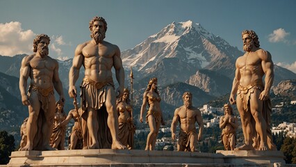 A group statue of the Olympian gods, with Zeus at the center surrounded by the other gods, set against the backdrop of the majestic Mount Olympus.