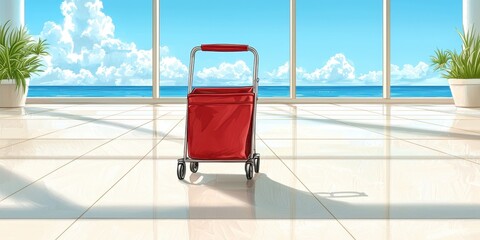 Naklejka premium A bright red cart in a sunny, modern space with panoramic ocean views and elegant plants, suggesting a vacation vibe.