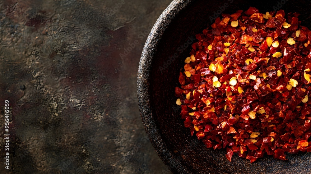 Poster macro photography highlighting the vibrant color and rough textured appearance of red chili flakes i