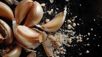 Macro photography of fresh garlic cloves that have been crushed highlighting the rough and textured exterior as well as the juicy interior