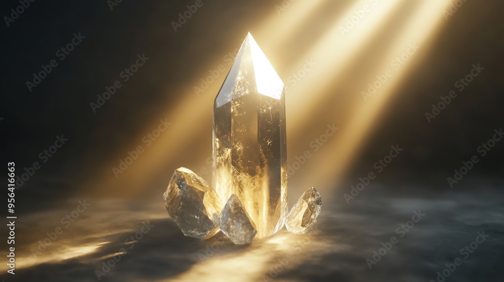 Poster a single large crystal sits in a beam of light with three smaller crystals on either side.
