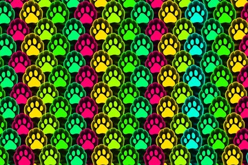 background, seamless pattern with colorful paw animals, seamless pattern with colorful paws of cats, neon, lamp, light, illustration of glow paws animals