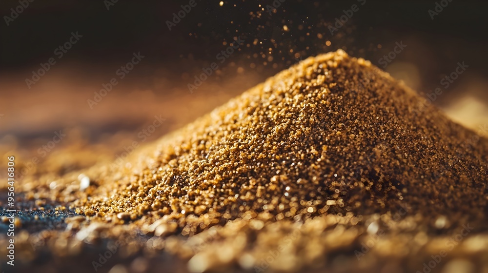 Poster close up macro photography showcasing the fine texture and warm brown color of a small pile of groun