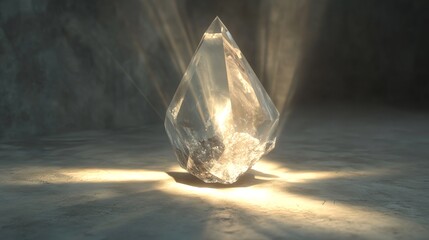 Obraz premium A large, clear crystal glows with light beams in a dark setting.