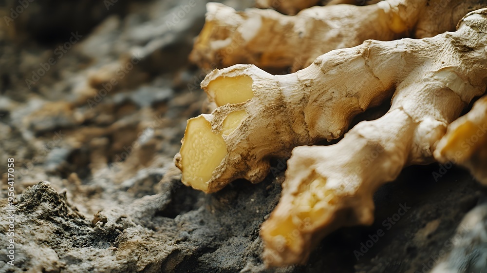 Poster close up macro photography showcasing the rough knobby surface and fresh aroma of a vibrant ginger r