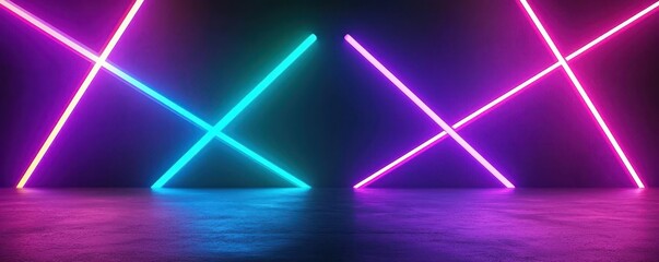 Crisscrossing laser lights over a dark stage, neon green and purple, futuristic and edgy vibe