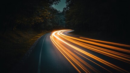 Dynamic light trails from car headlights on a dark road, captured with a long exposure to create a stunning motion effect.