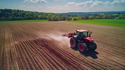 Aerial video of tractor spraying soil and young crop in springtime in field Tractor spraying pesticides on soy field with sprayer at spring Nozzle of the tractor sprinklers sprayed : Generative AI