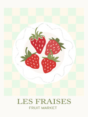Les fraises - abstract fruit poster. Retro groovy strawberries on checkered background. Aesthetic contemporary print.