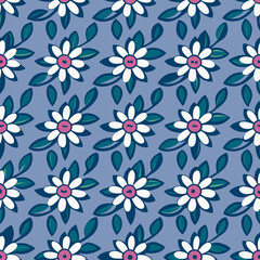 A repeating pattern of white flowers with pink centers and green leaves on a blue background design style
