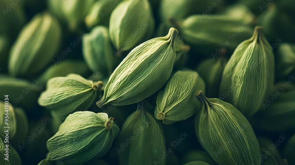 Poster macro photography showcasing the vibrant green color and unique shape of whole cardamom pods with am