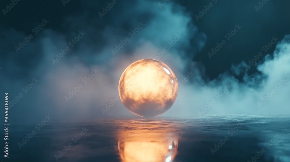 Aufkleber abstract 3d rendering of a glowing sphere on a misty surface.