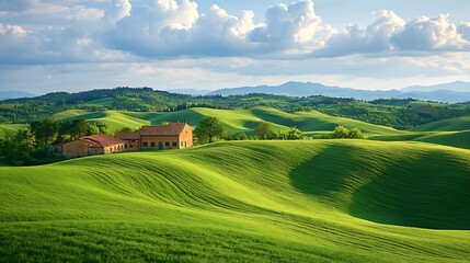 Obraz premium Green rolling hills and farm houses of Crete Senesi Senese Clays Province of Siena Tuscany Italy Europe : Generative AI