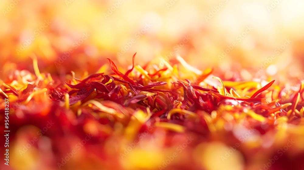 Poster macro photography of saffron threads scattered delicately with their vibrant red orange color provid