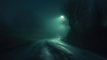 A dark night with thick fog enveloping a deserted road.