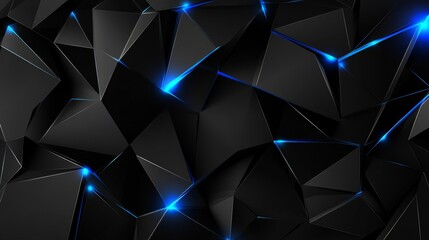 Fototapeta premium Abstract black low poly background with blue glowing lines.