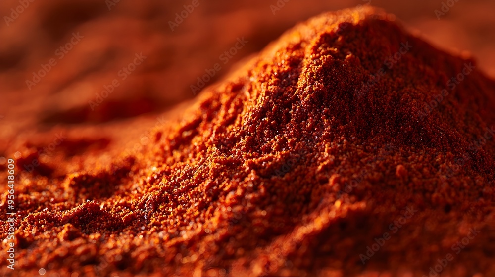 Poster vibrant macro photograph showcasing the deep red color and fine granular texture of paprika powder i