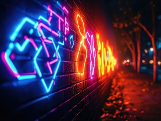 Glowing graffiti art on a dark urban wall, vibrant and rebellious, street art glowtime, edgy and artistic