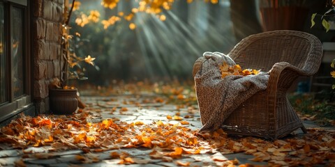 Autumn falling leaves in a courtyard. There is a rattan chair covered by a blanket, and  a table in front of it. There are fallen leaves on the floor